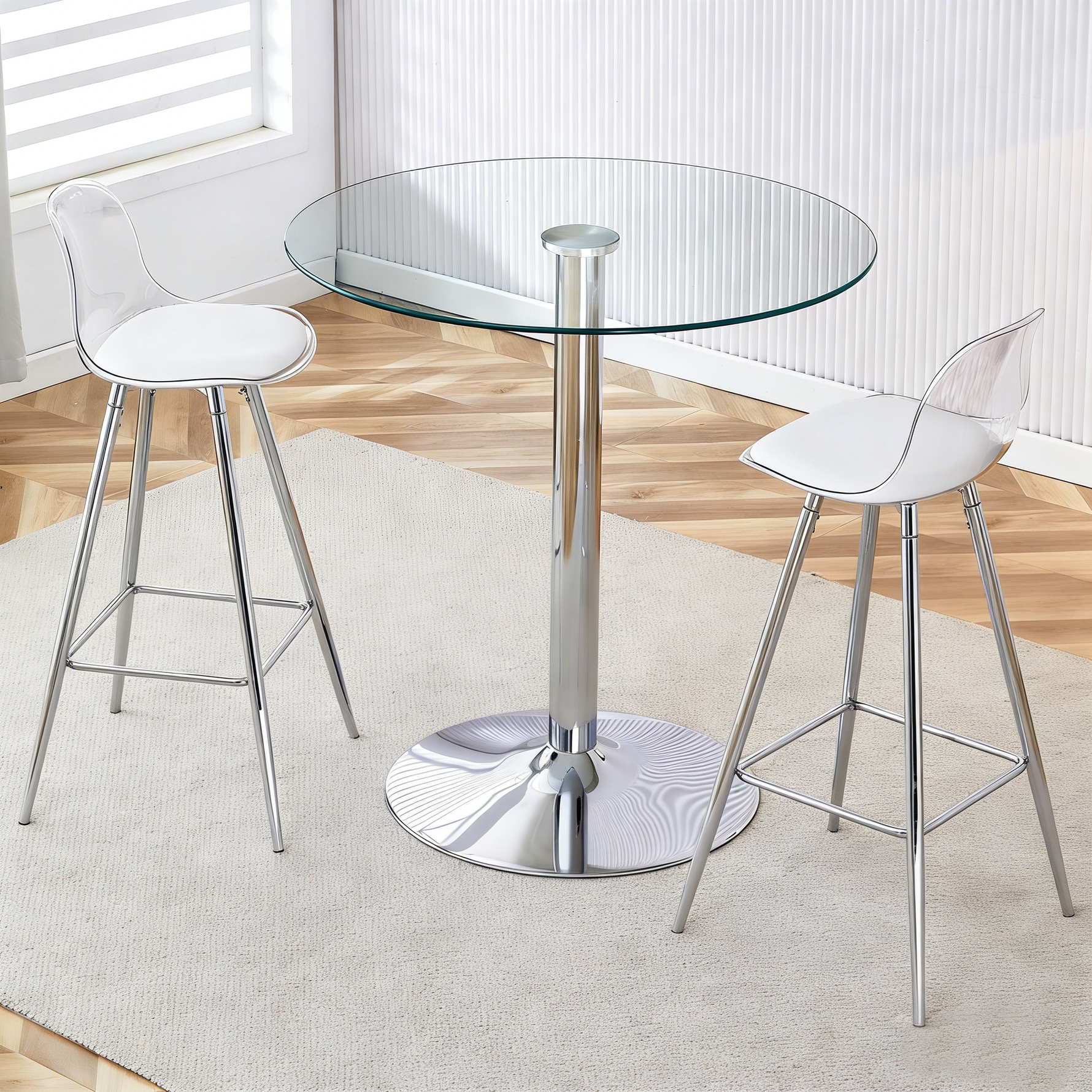 Flexible Bar Set Round Glass Table 89cm 2 Stools - Glass/Silver Legs