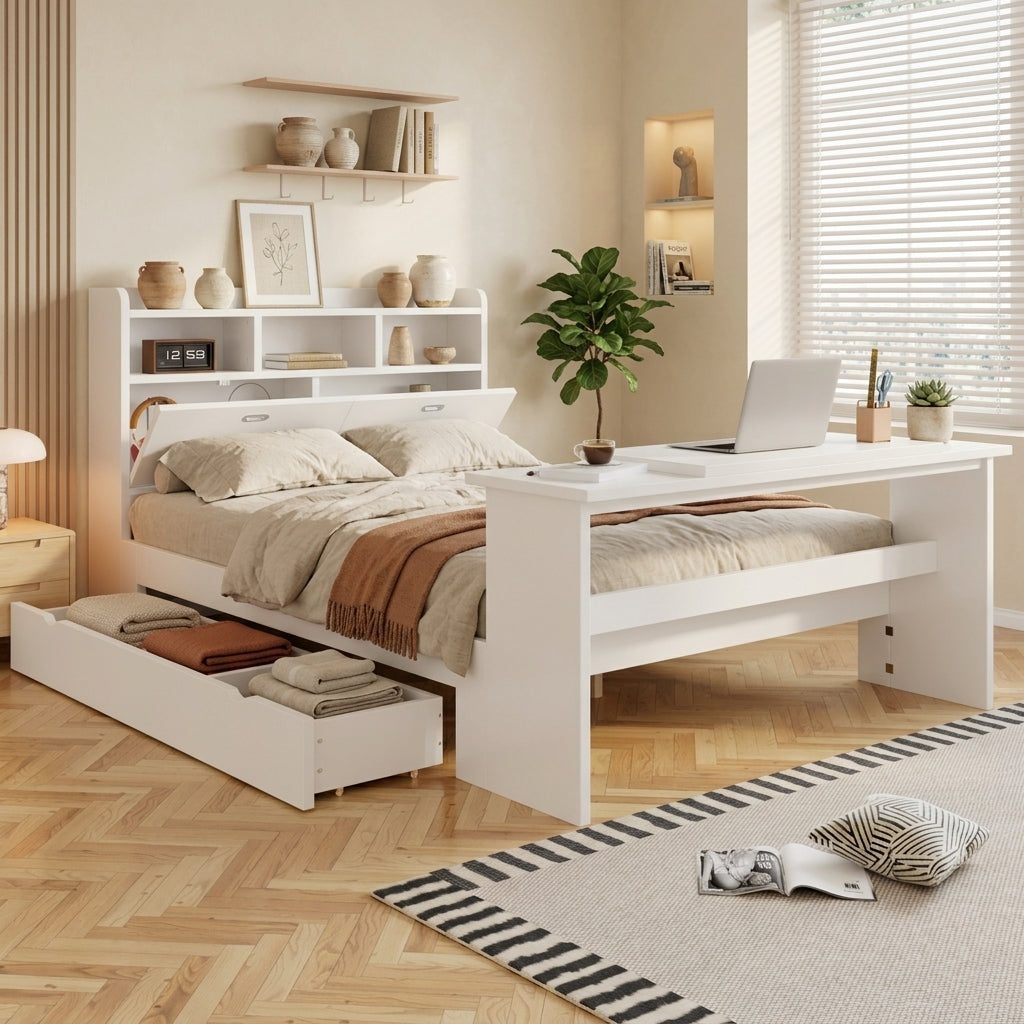 Children's Bed 140x200cm with Storage & Desk in White Wood
