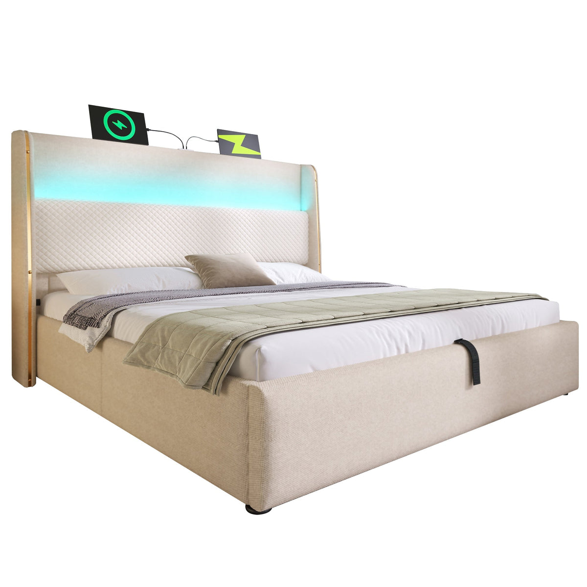Hydraulic Double Bed 160x200cm, High Headboard LED, Storage, USB/Type-C, Linen Beige