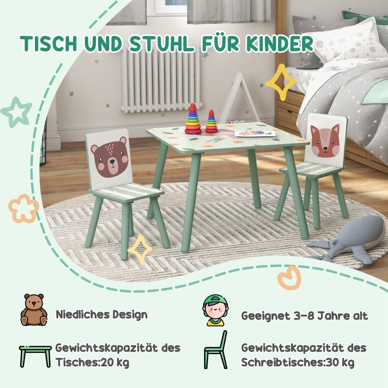 Children’s table with 2 chairs, kids’ seating set with 1 table & 2 chairs, cute animal design, suitable for children aged 3–8 years, green