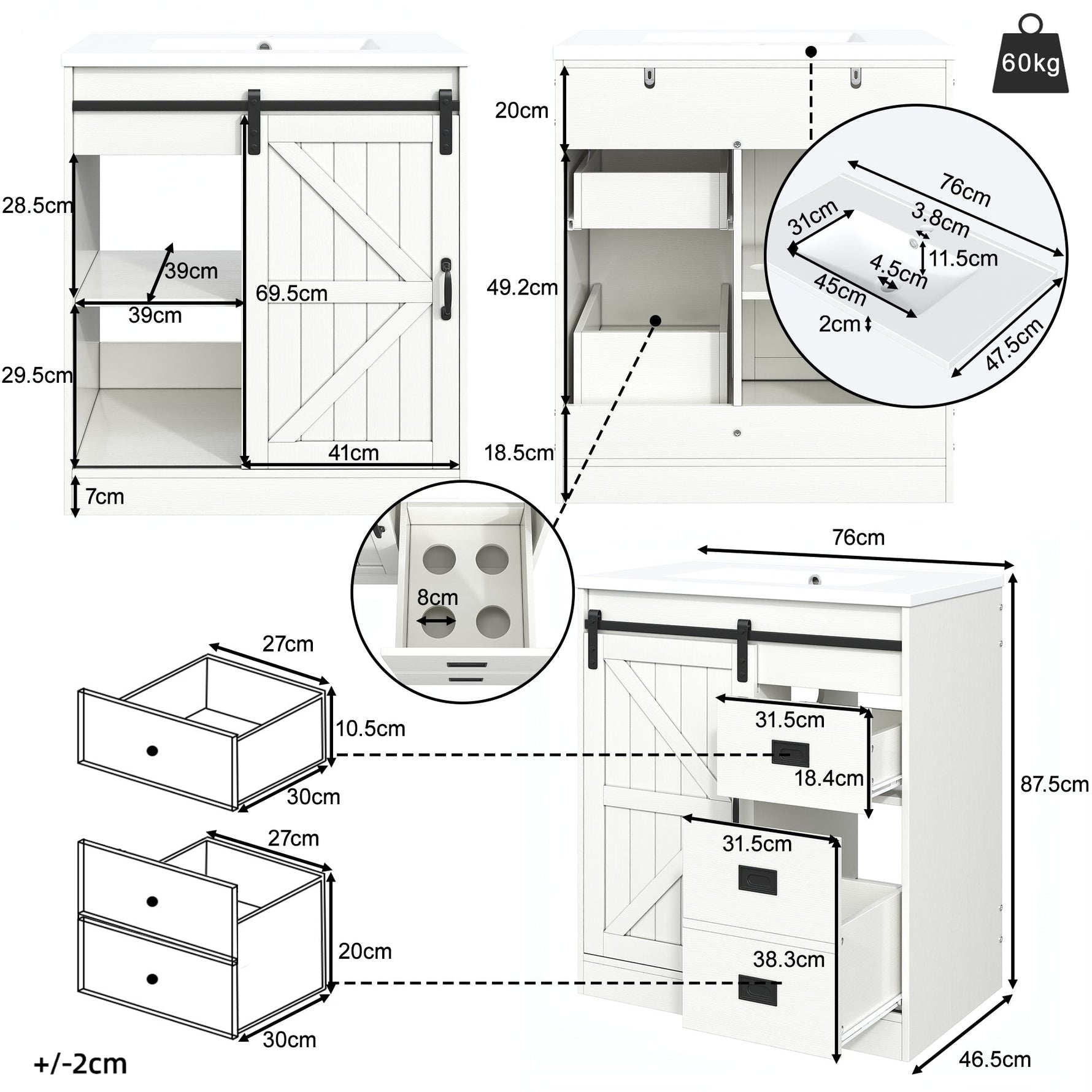 Bathroom Vanity Unit with Ceramic Sink and Barn Door Storage, White