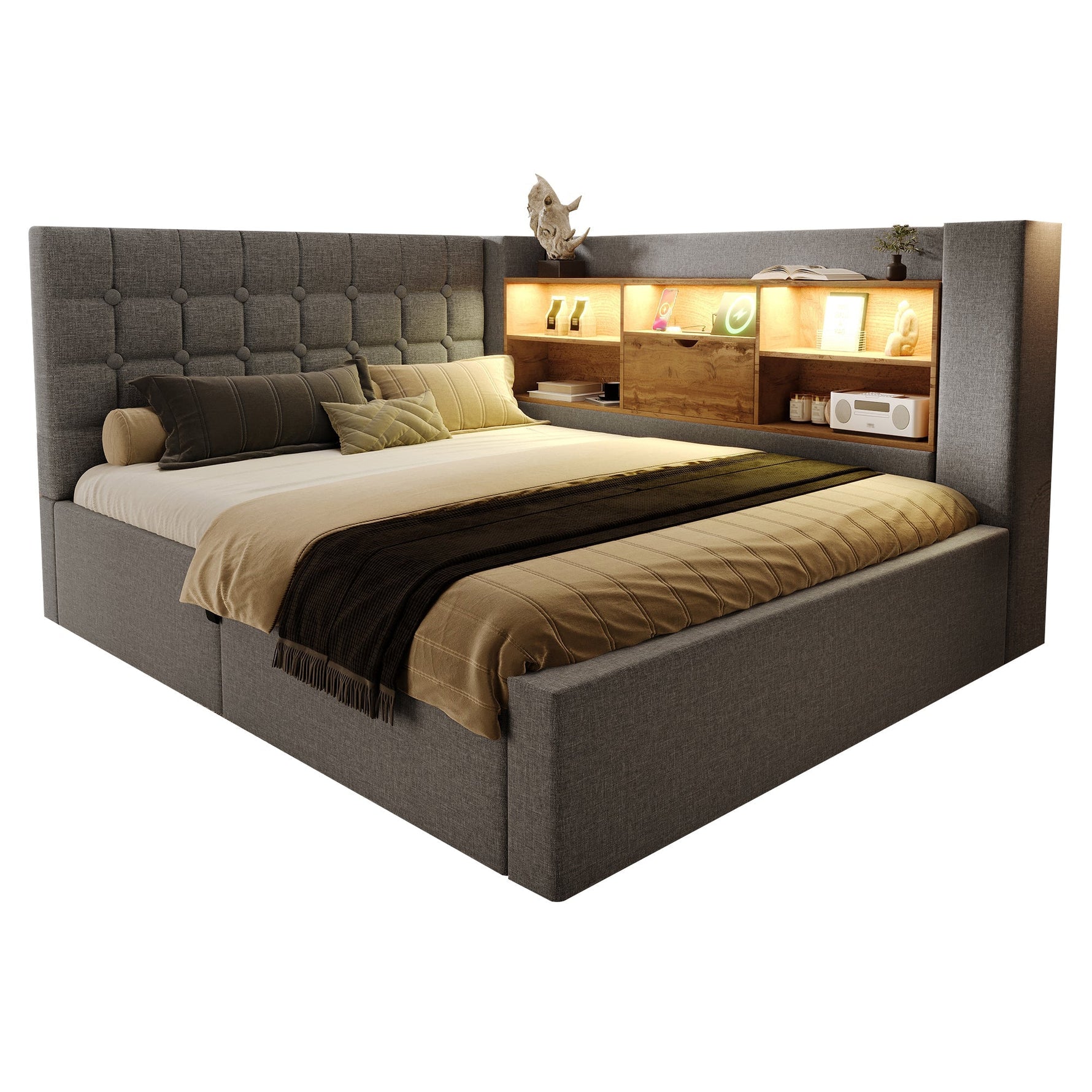Upholstered Double Bed with LED Lighting, Hydraulic Storage and L-Shaped Headboard, 140x200cm, Grey Linen Fabric
