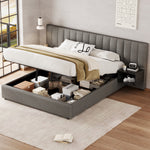 Upholstered Bed 160 x 200 cm with Hydraulic Storage and 2 Bedside Tables, Grey and Black Linen