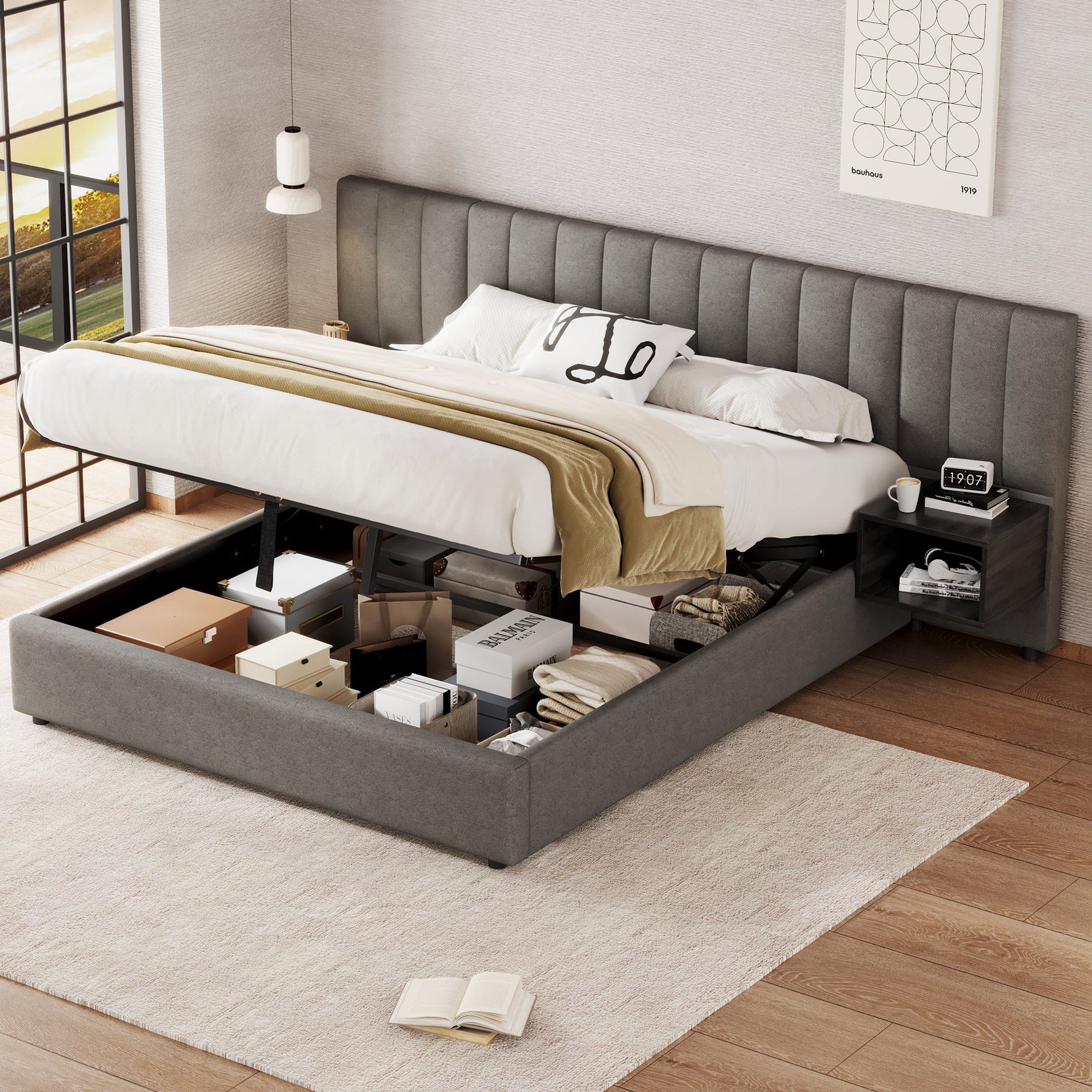 Upholstered Bed 160 x 200 cm with Hydraulic Storage and 2 Bedside Tables, Grey and Black Linen