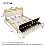 Double Wooden Bed 180x200cm, Storage Headboard, LED, Bed Bench - Beige Corduroy, Light Oak