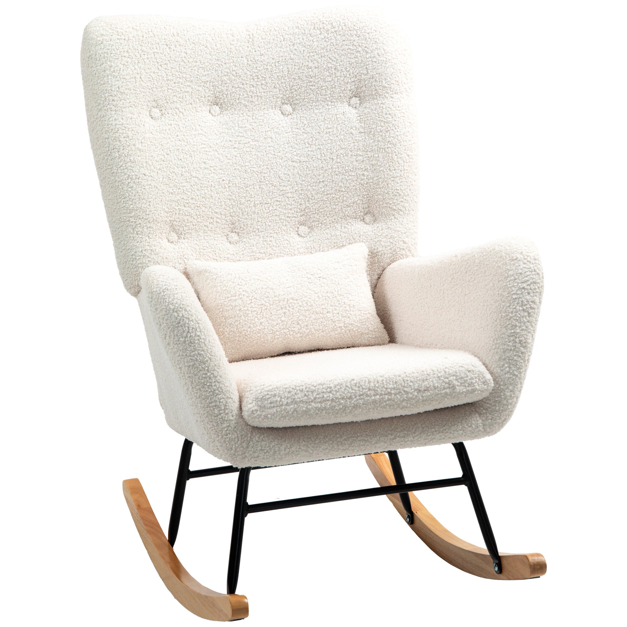 Rocking Chair, Armrests Lumbar Cushion Wooden Base, Cream White Teddy Fabric