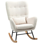 Rocking Chair, Armrests Lumbar Cushion Wooden Base, Cream White Teddy Fabric