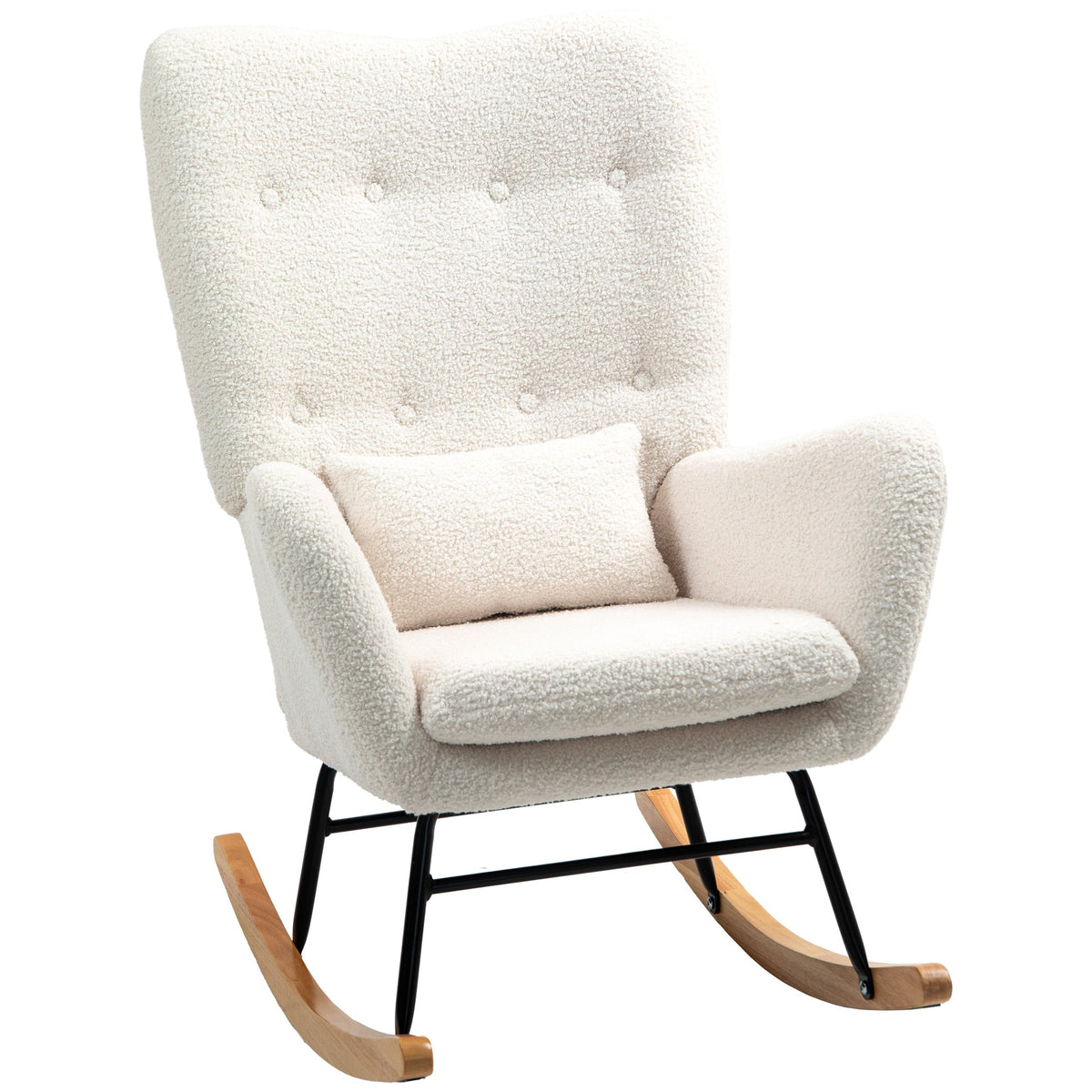 Rocking Chair, Armrests Lumbar Cushion Wooden Base, Cream White Teddy Fabric