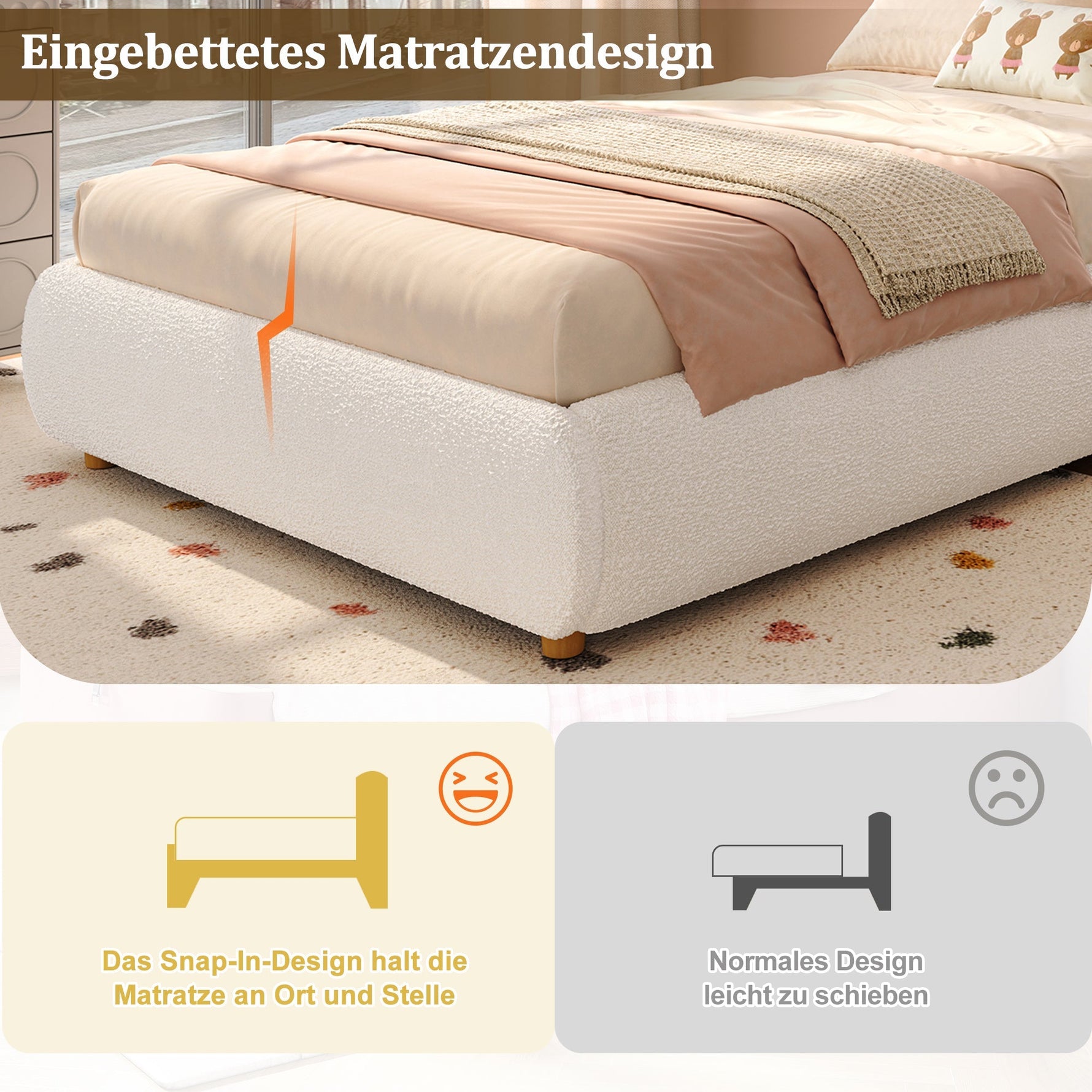 Upholstered Children's Single Bed with Hydraulic Storage and Slatted Frame, 90x200cm, Beige Bouclé