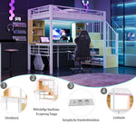 Loft Bed with Desk, Shelf, LED Lighting and Storage Stairs, 90x200cm, White Iron Frame