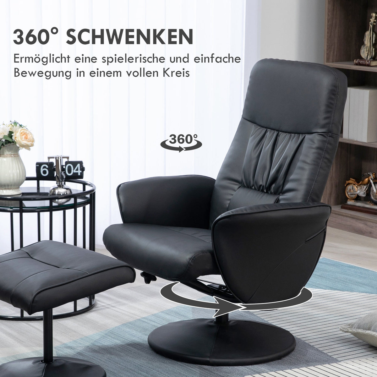 Recliner Chair with Footstool, Swivel Upholstered TV Chair, Faux Leather, Black