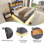 LED upholstered bed with USB and hydraulic storage, linen grey