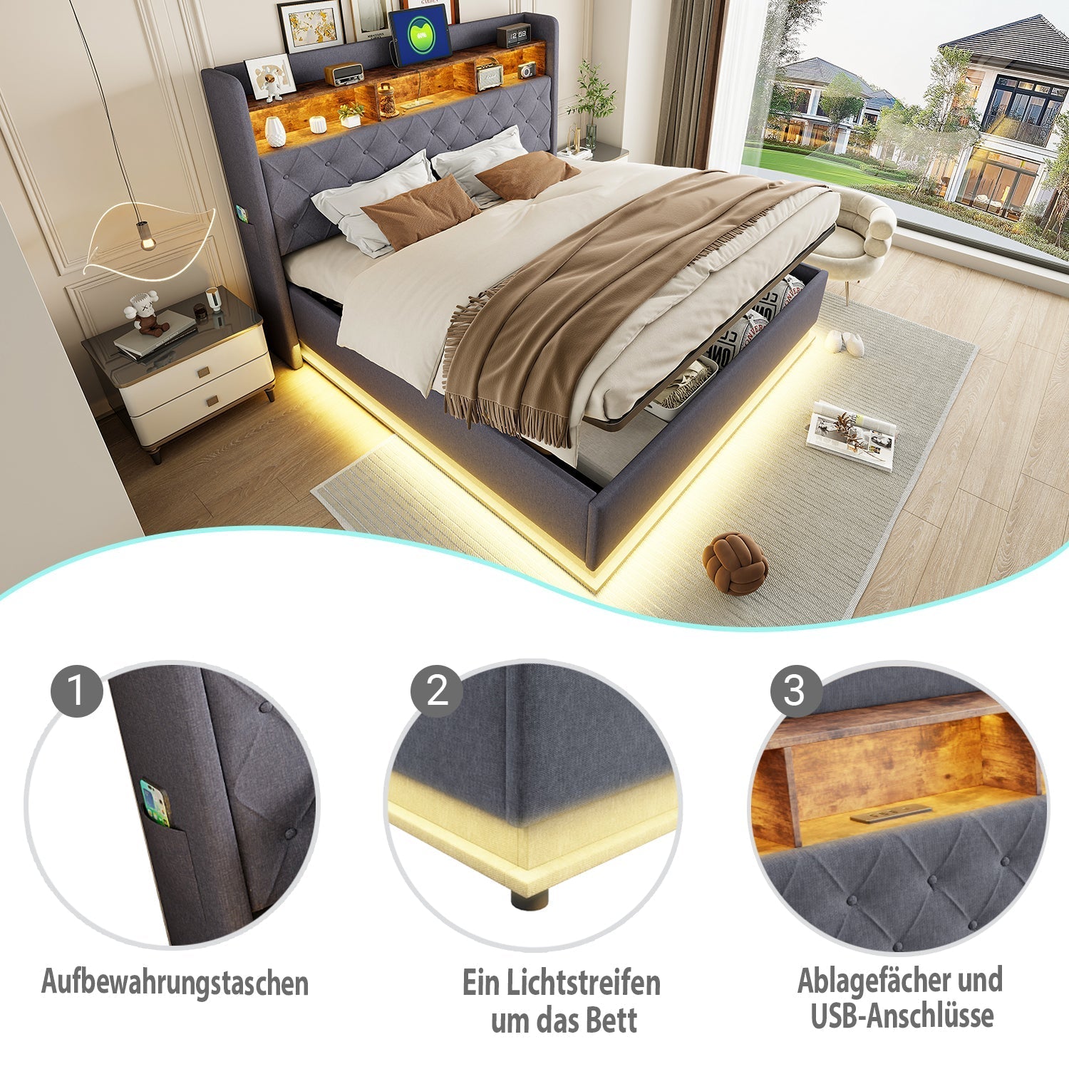 LED upholstered bed with USB and hydraulic storage, linen grey