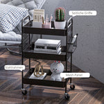 Rolling Serving Cart, 3 Tiers, 2 Hanging Baskets, Kitchen, Steel Black