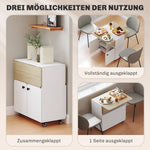 Folding Table with Rolling Cabinet, Two Folding Sides, 4 Casters, White + Natural Wood