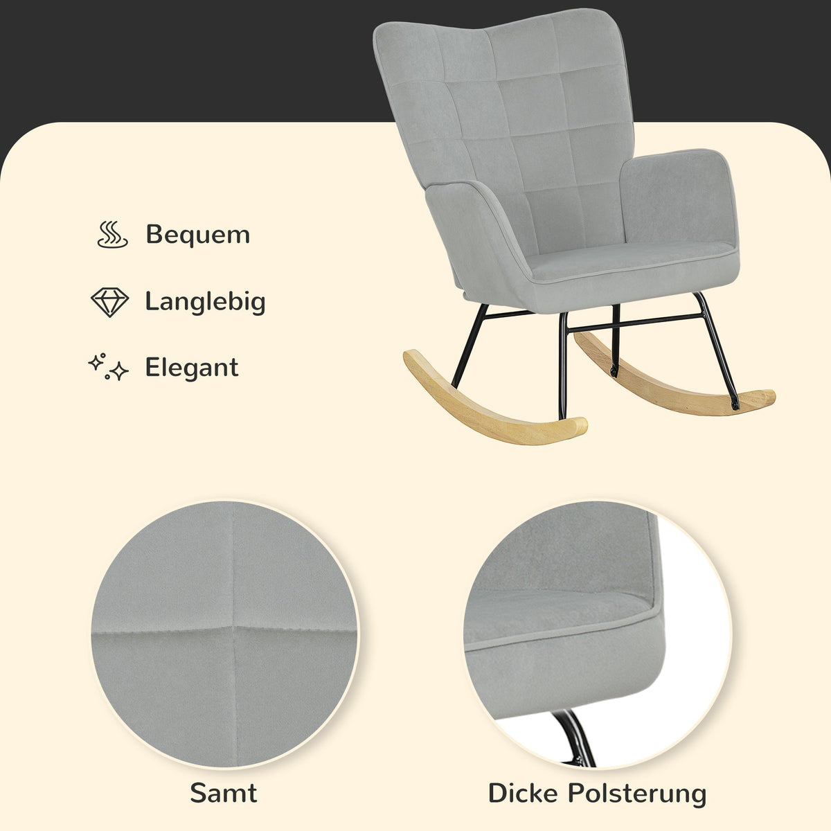 Rocking Chair, Armrests Wooden Base, Light Gray