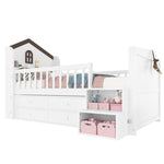 Mid-Height House Bed with Window, 4 Drawers and LED Light Strip, White
