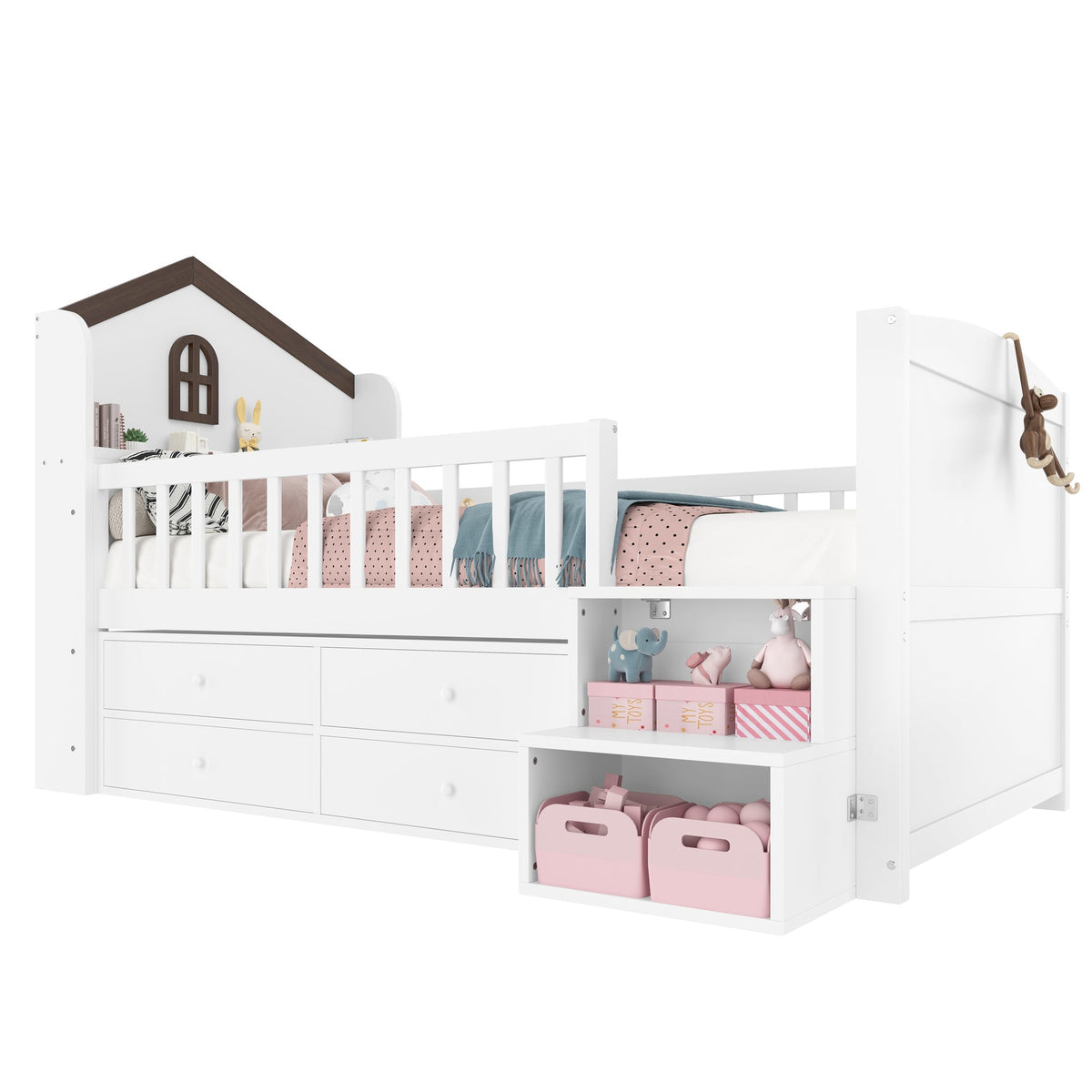 Mid-Height House Bed with Window, 4 Drawers and LED Light Strip, White