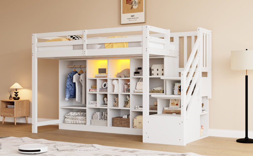 Loft Bed with Wardrobe, Storage Cabinets, LED and Storage Ladder, 90x200cm, White