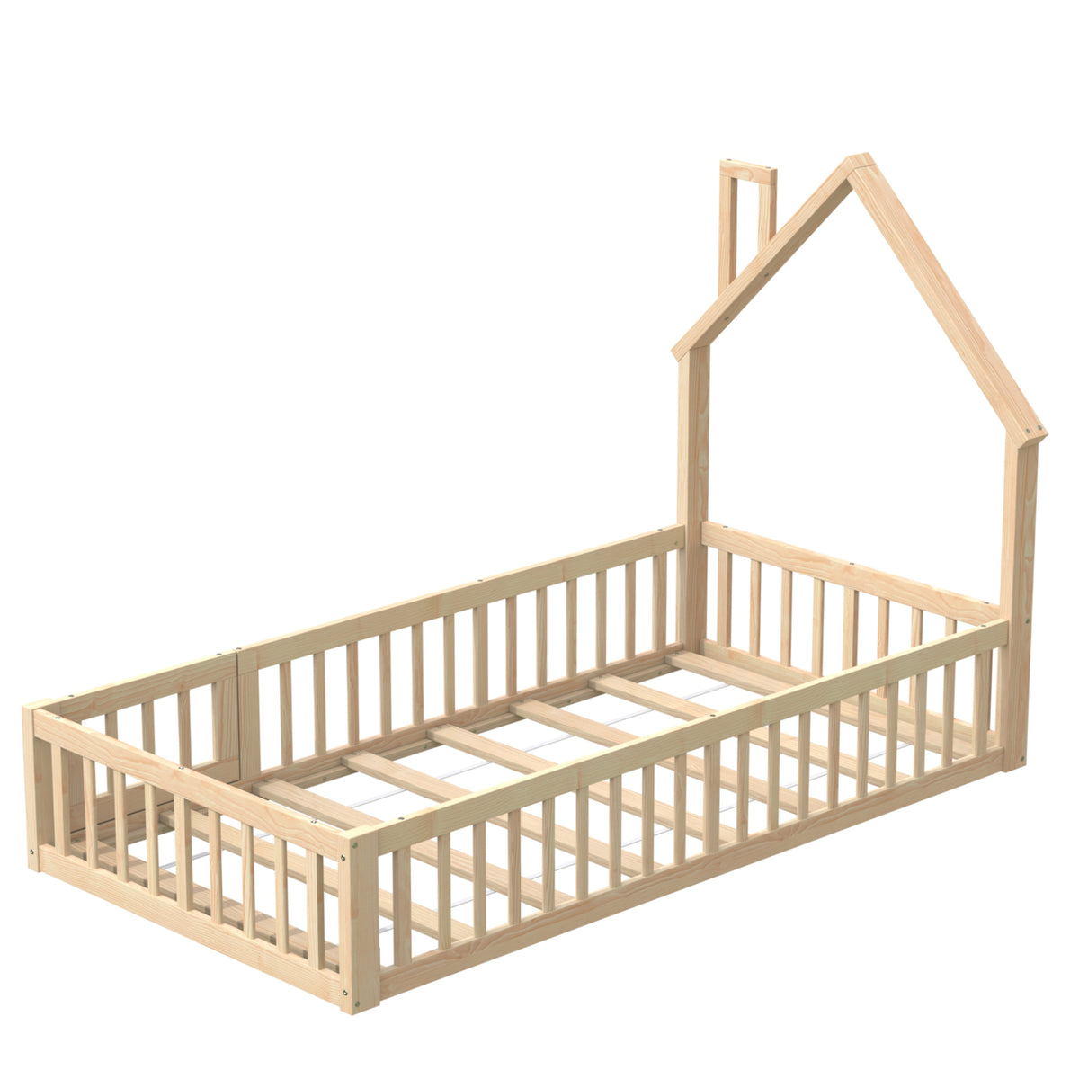 Children's House Bed 90x200 cm Chimney Shape, Natural Pine Wood