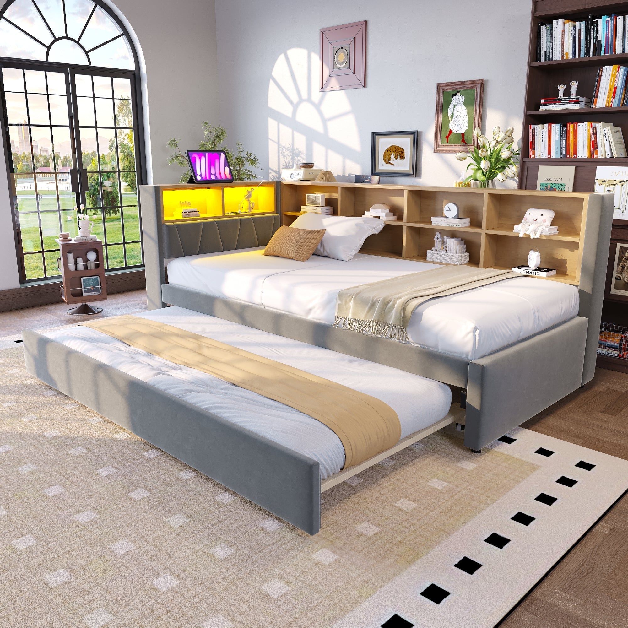 Sofa Bed 90x200 Pull-out LED Storage Flannel Dark Grey