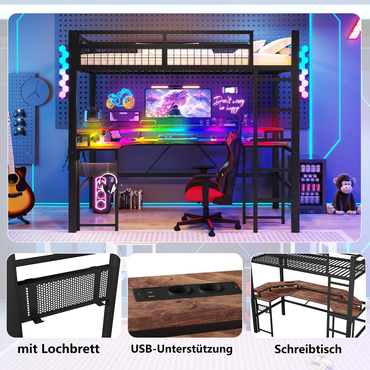 Loft Bed with Desk, LED Lights and Charging Ports, 90x200 cm, Black Iron