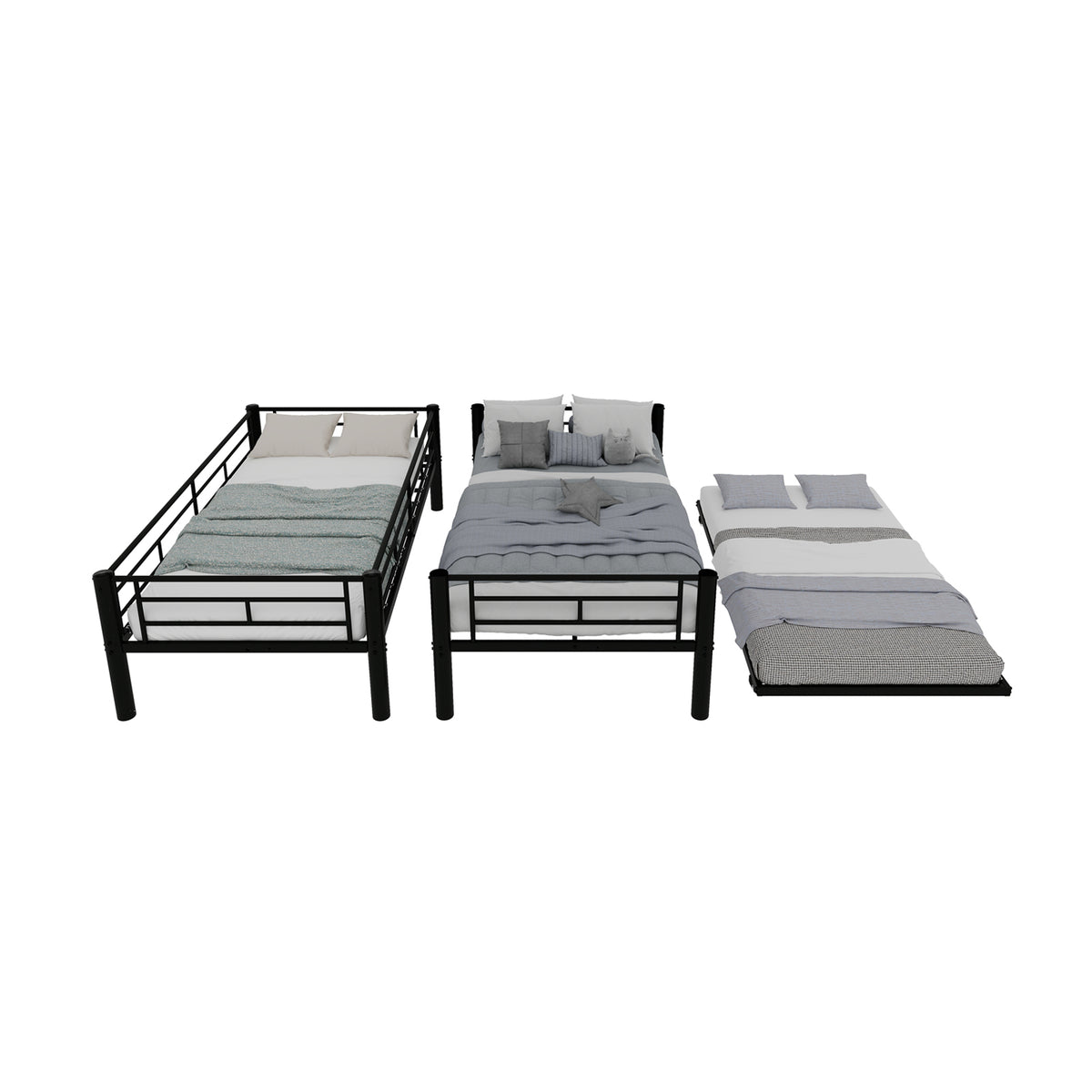 Modern Three-Tier Bed 90x190cm with Safety Railings, Metal