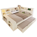Storage Bed 140x200 with Pull-Out Bed & USB Ports, White Wood