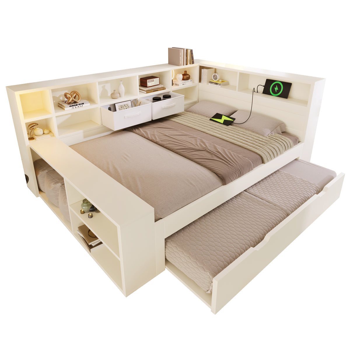 Storage Bed 140x200 with Pull-Out Bed & USB Ports, White Wood
