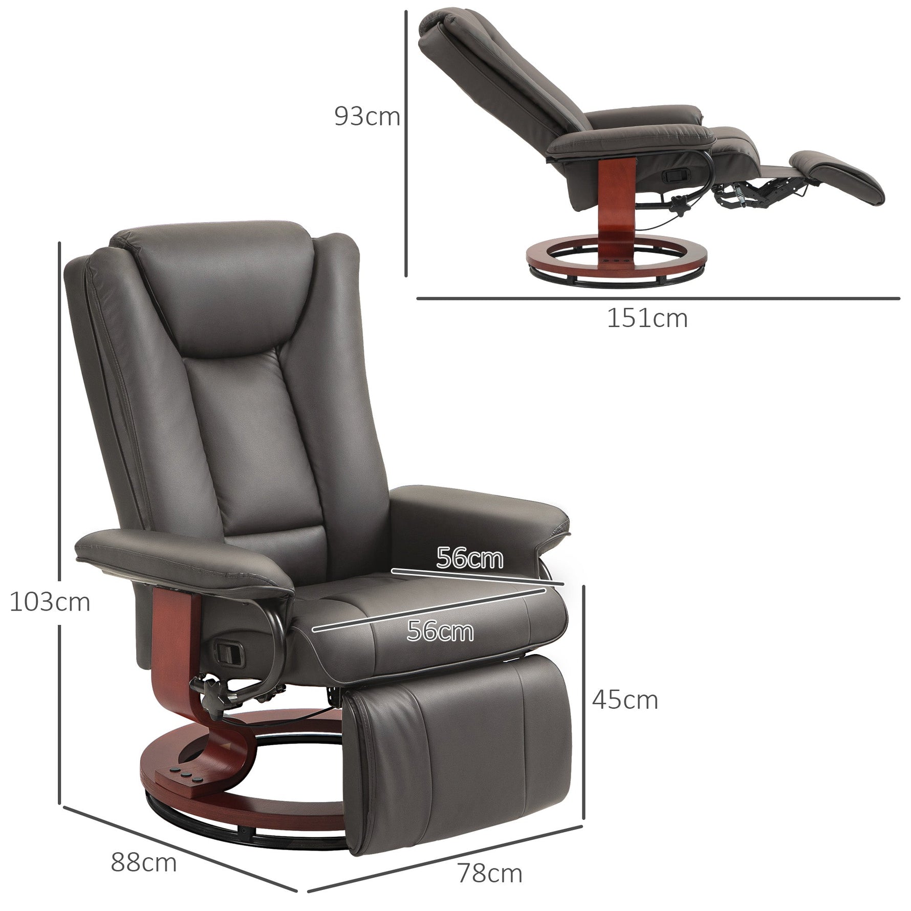 Reclining TV Armchair, Swivel Adjustable Backrest 150 kg Capacity, Faux Leather Brown