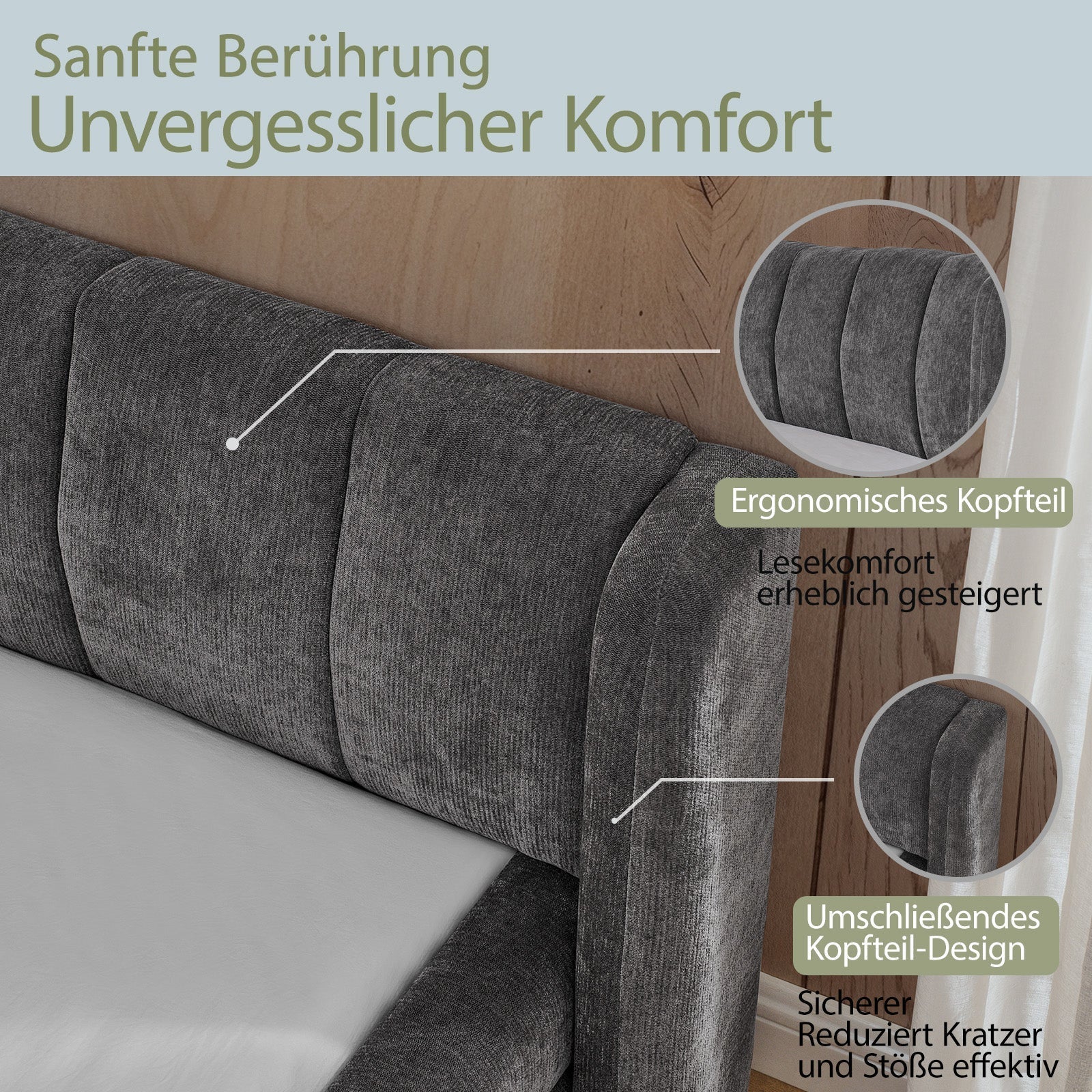Double Bed 160x200cm Comfortable Backrest Sturdy Frame - Dark Grey Chenille