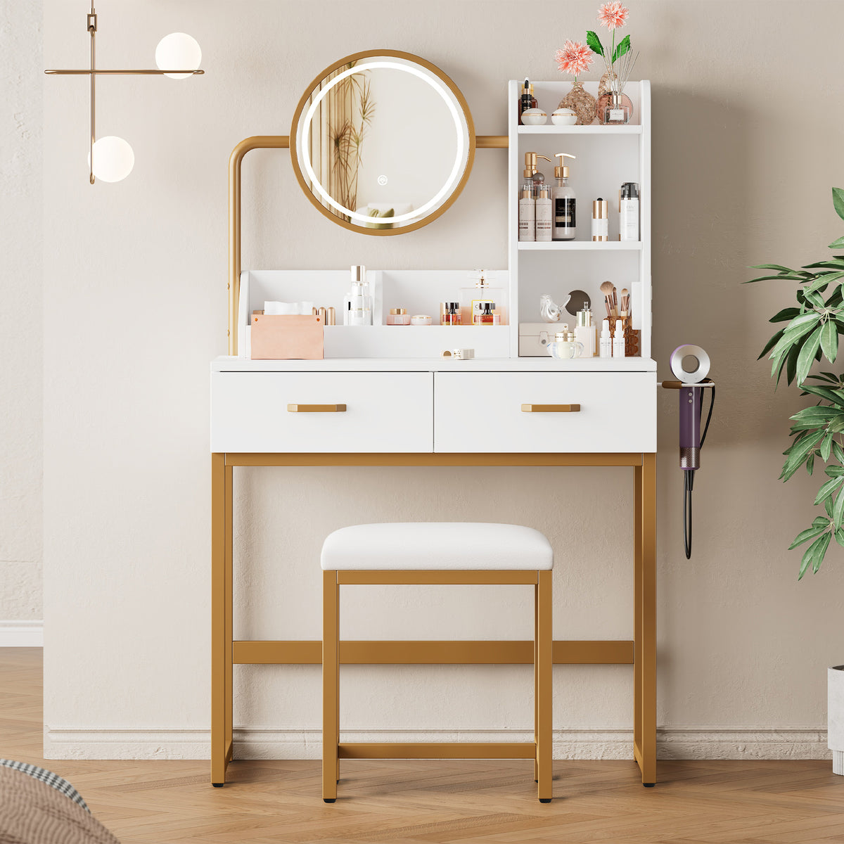 Modern Dressing Table with LED Mirror, Stool & Power Outlets, White
