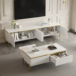 TV Cabinet and Coffee Table Set Modern Luxury High-Gloss Gold Edges Storage - Solid Color