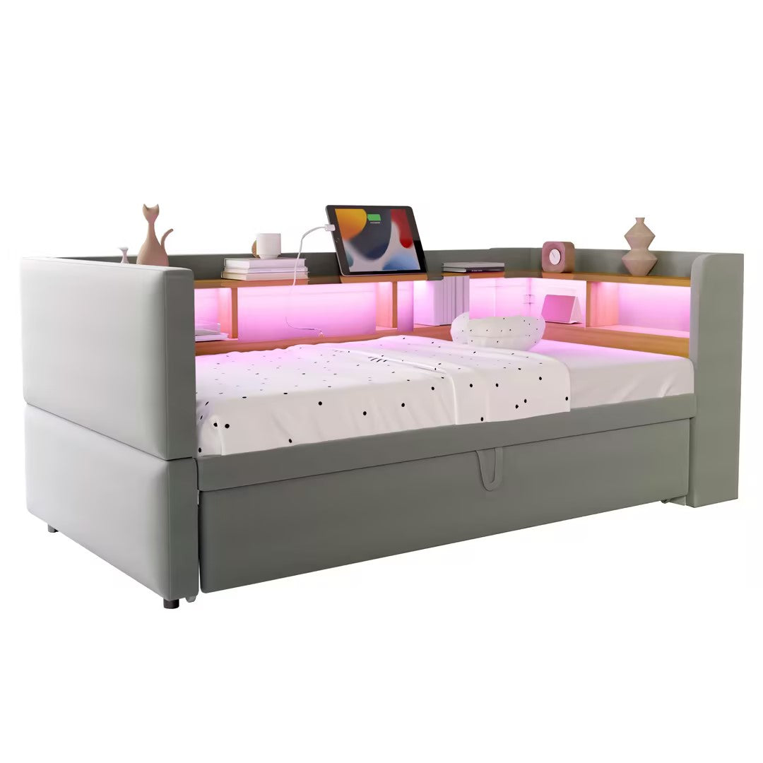 Upholstered Sofa Bed Extendable 90/180x190cm LED Lights Storage Light Grey