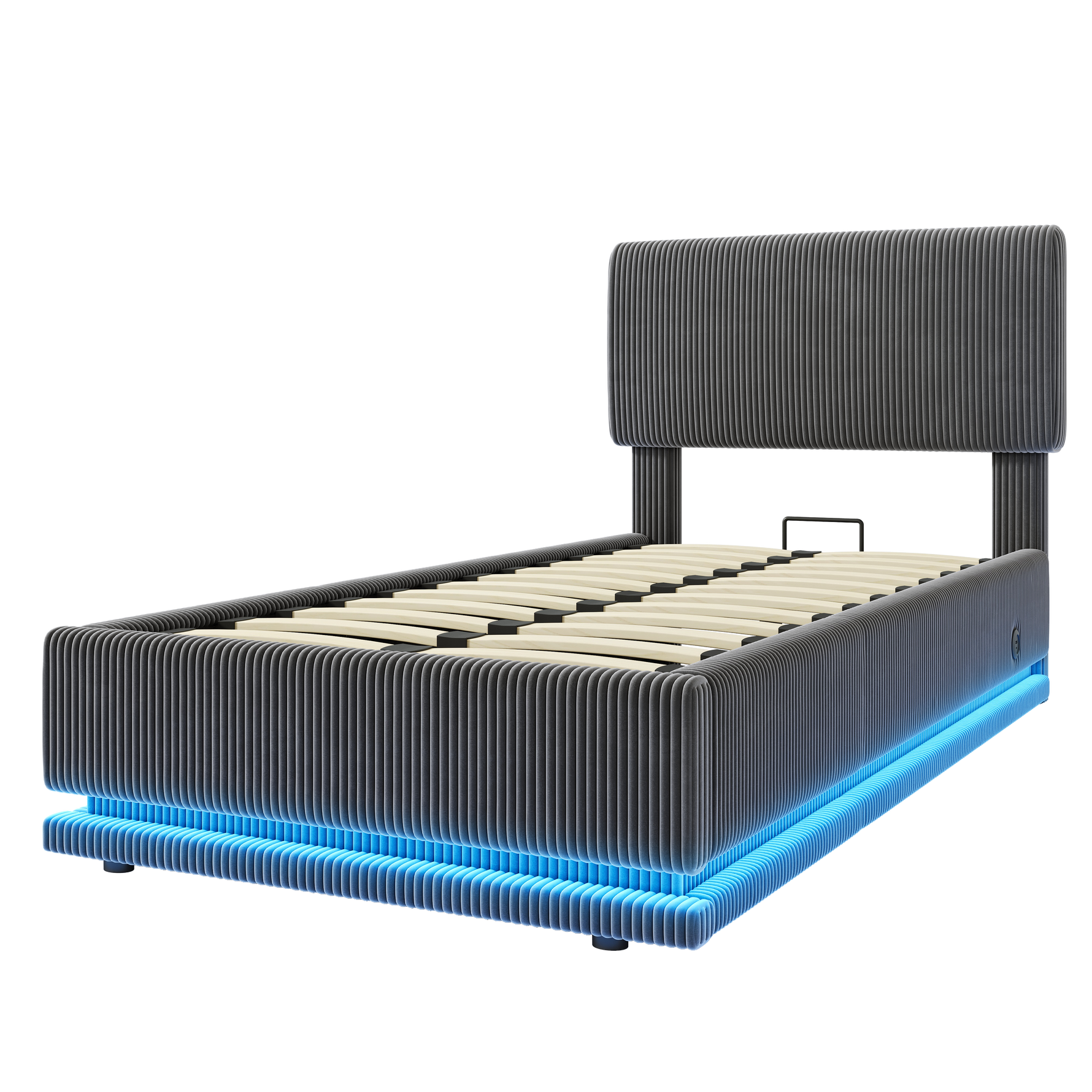 Modern Upholstered Bed with LED, USB-C Charging and Storage, 90x200, Gray Corduroy