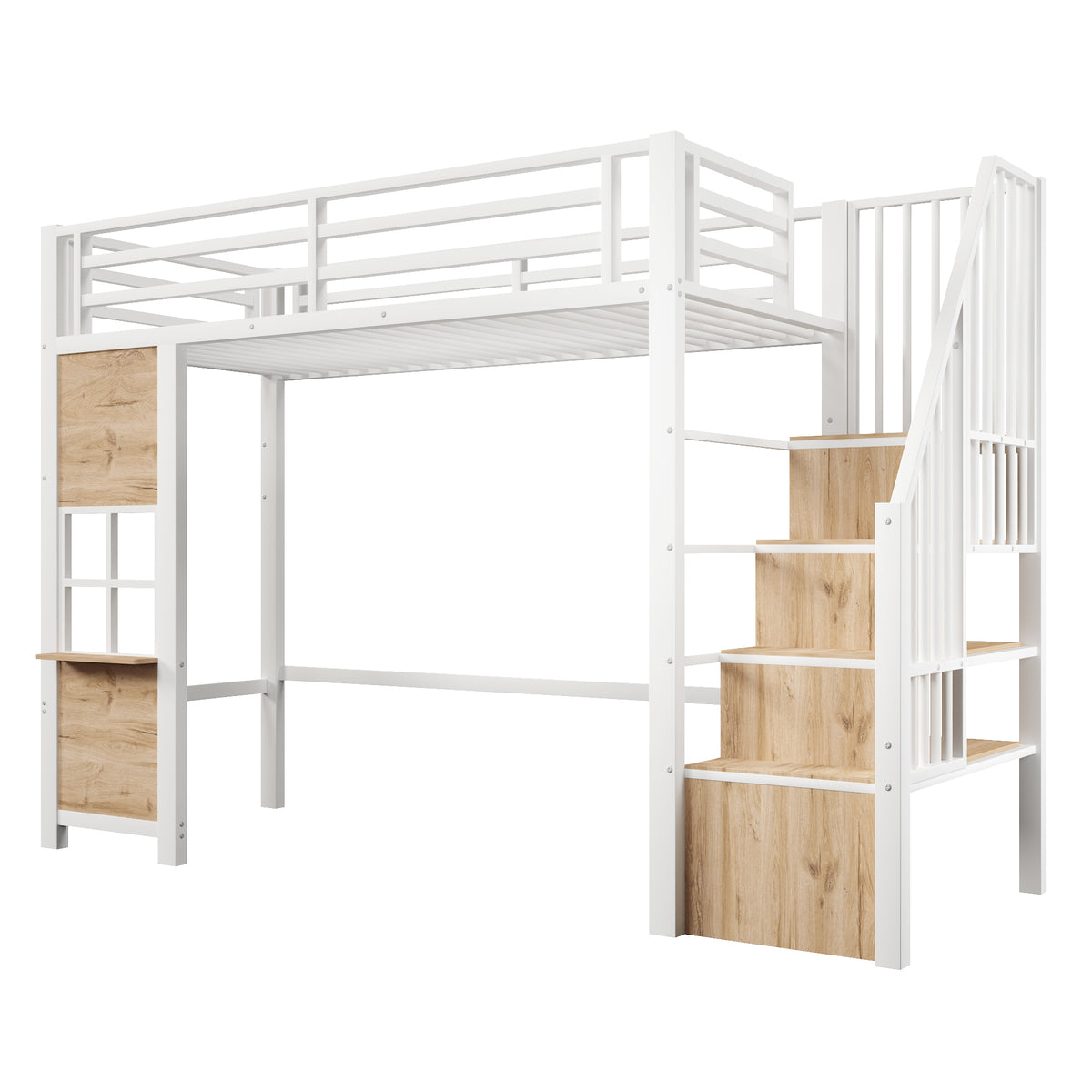 Loft Bed 90x200cm with Storage Ladder - White Iron Frame