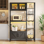 Kitchen Baker's Rack with Power Outlet and LED Lights, Microwave Shelf and Wine Glass Holder, Particle Board and Stainless Steel