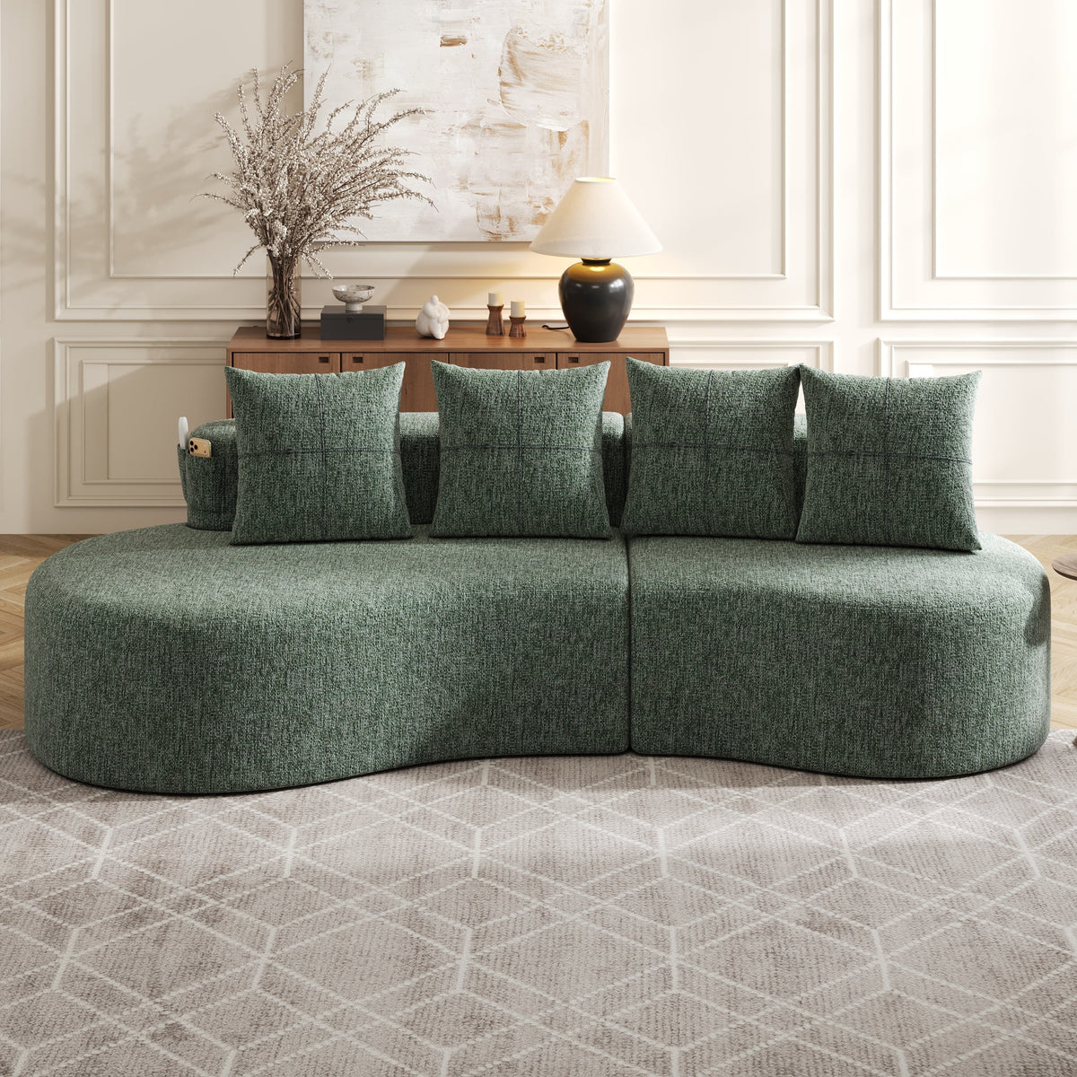 Linen Sofa with 4 Cushions, Cup Holder and Side Pocket, Green