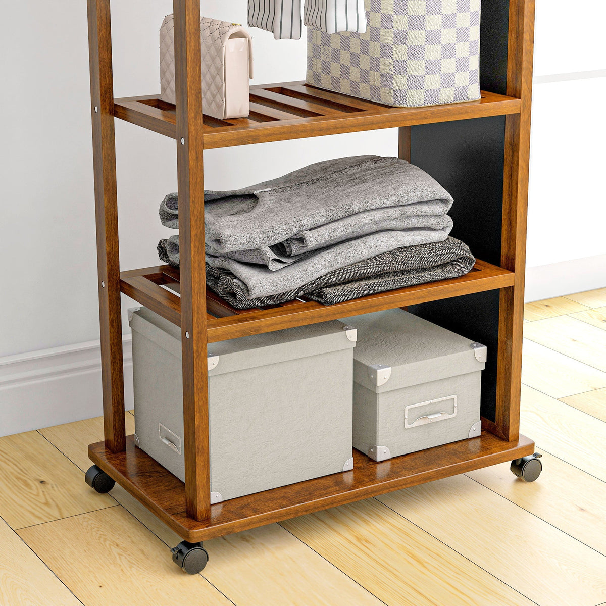 Standing Mirror with Wheels, 3 Levels Clothes Rail, Walnut