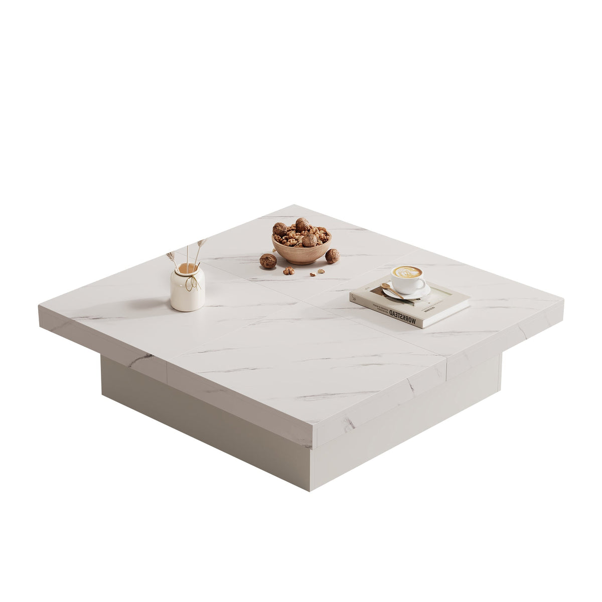 Modern white square coffee table, 90 x 90 x 25 cm with four drawers, sliding tabletop, 30 kg load capacity, marble look