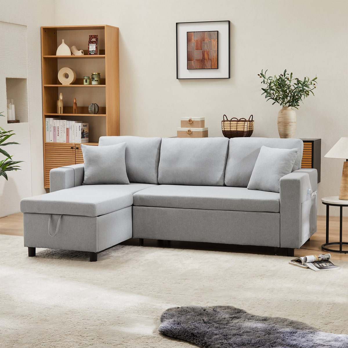 Sleeper Sofa L-Shaped Chaise Longue Reversible Storage with Pocket