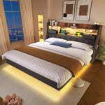 Floating Upholstered Bed with LED and Charging Station, 140x190cm, Grey Linen