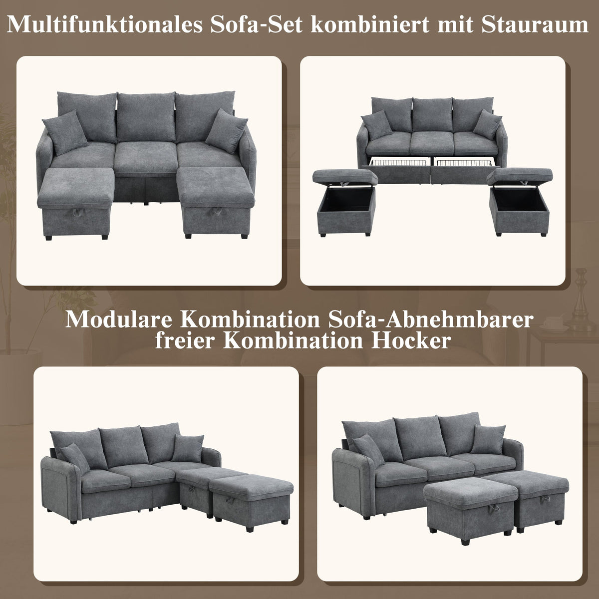 Corner Sofa U-Shaped Three-Seater Modular with Storage & Sleeping Function, Chenille