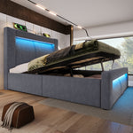 Single Hydraulic Bed 90x200 cm with LED, Storage, Charging Ports and Mattress, Grey Velvet