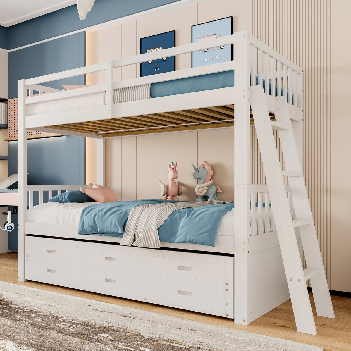 Bunk Bed 90x200cm House Bed Pull-out Bed 3 Drawers - White