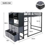 Loft Bed 120x200 cm with Storage & Charging, Black Metal
