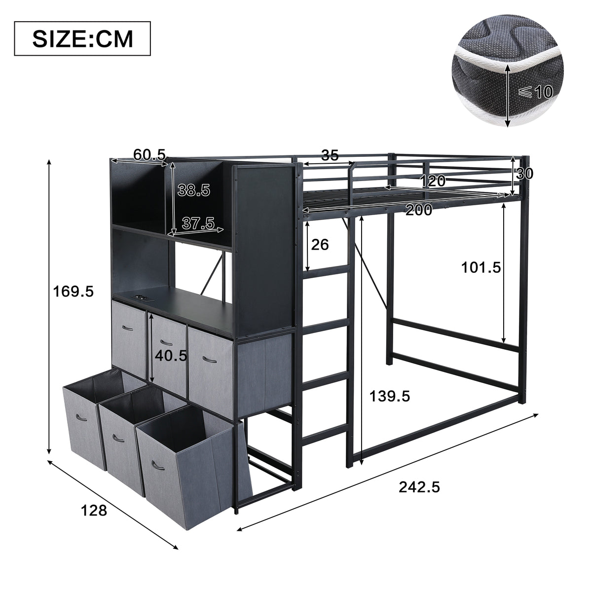 Loft Bed 120x200 cm with Storage & Charging, Black Metal
