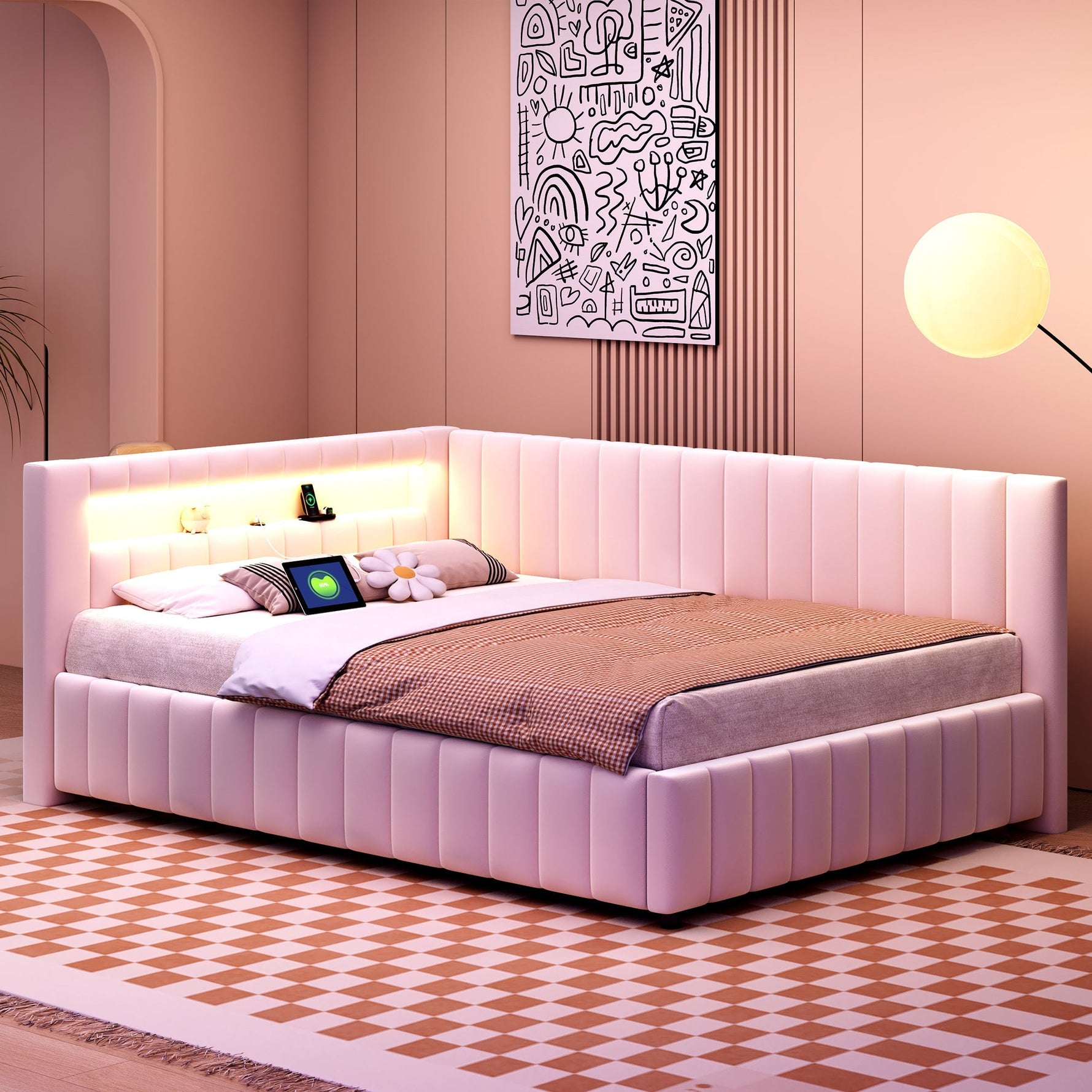 Upholstered Sofa Bed 140x200 with LED & USB Charging Port, Velvet Beige