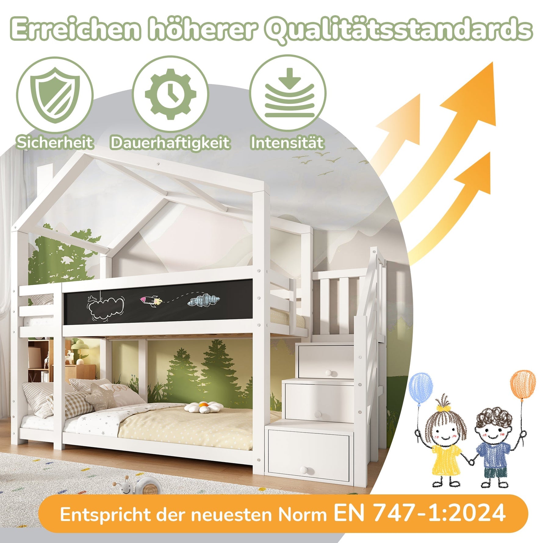 Children's Treehouse Bunk Bed 90x200cm, Storage, Fall Protection, White