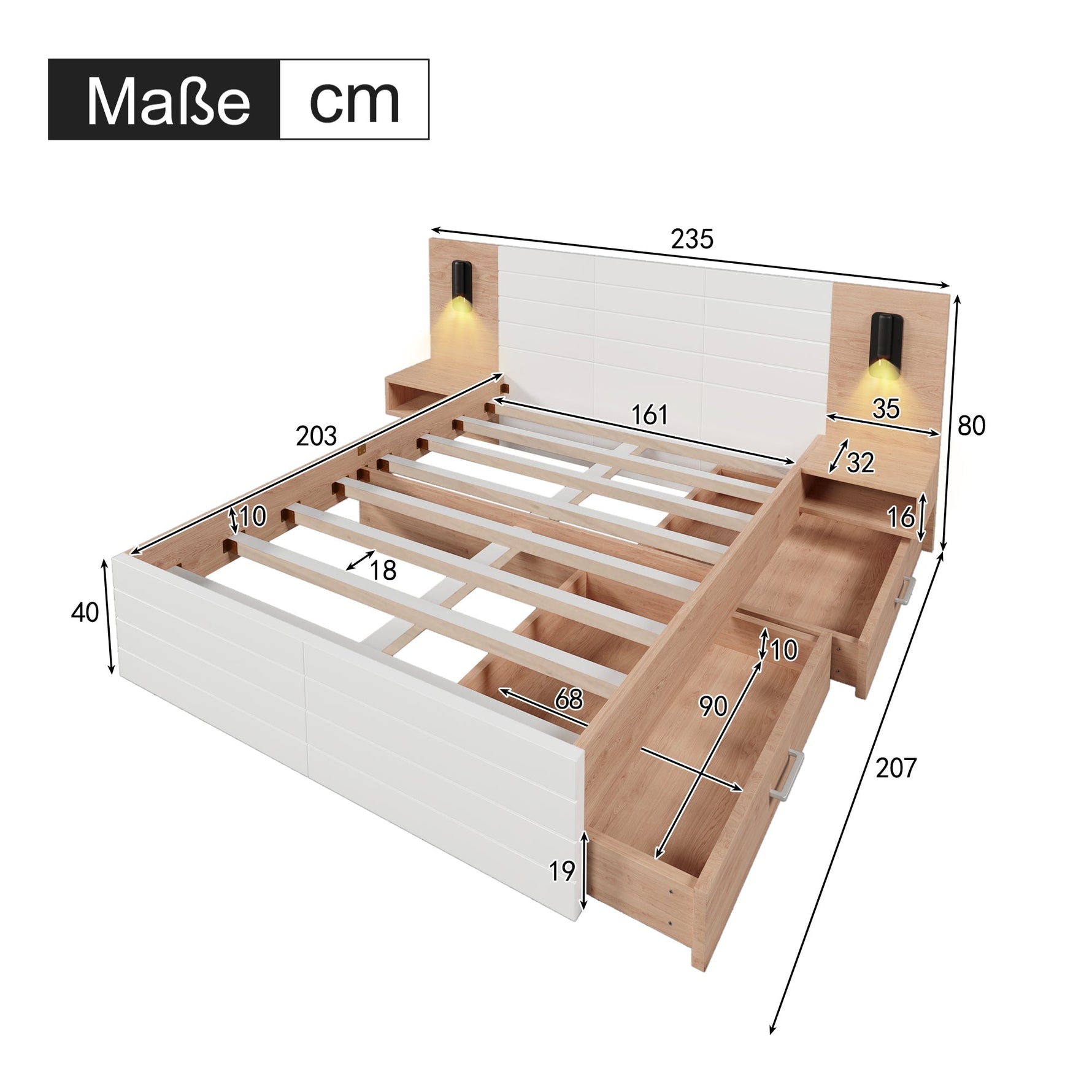 Double Wooden Bed, 160x200cm with 2 Drawers, Reading Light & USB, Oak/White